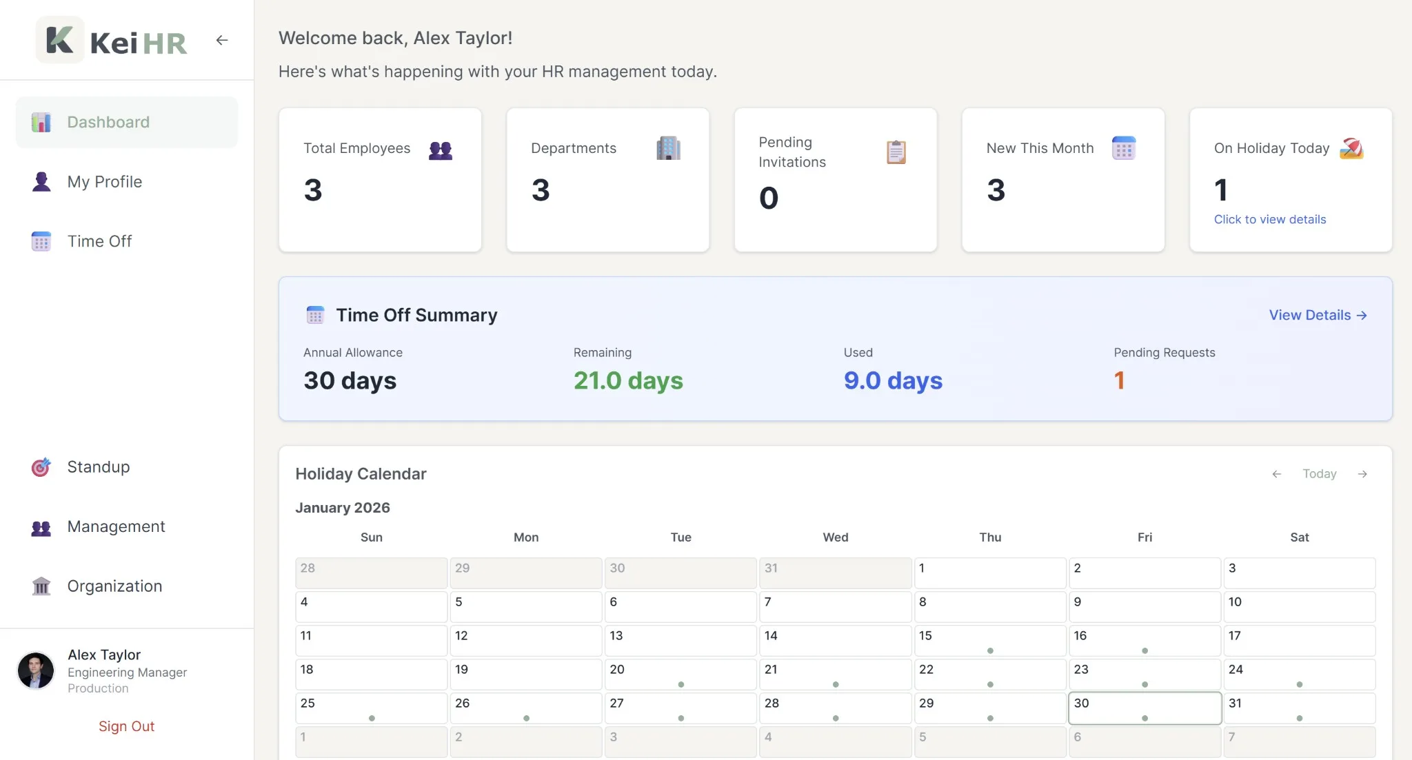 Kei HR dashboard showing welcome message, key metrics, time off summary, and holiday calendar